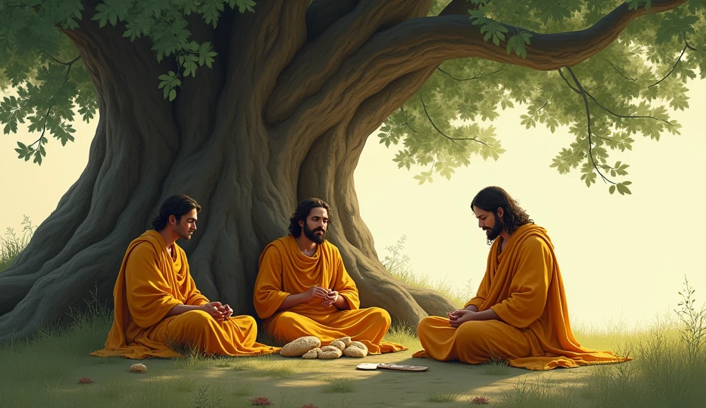 three disciples are sleeping under a big tree, and one disciple is sitting and eating bread. The colour of everyone's clothes is saffron.