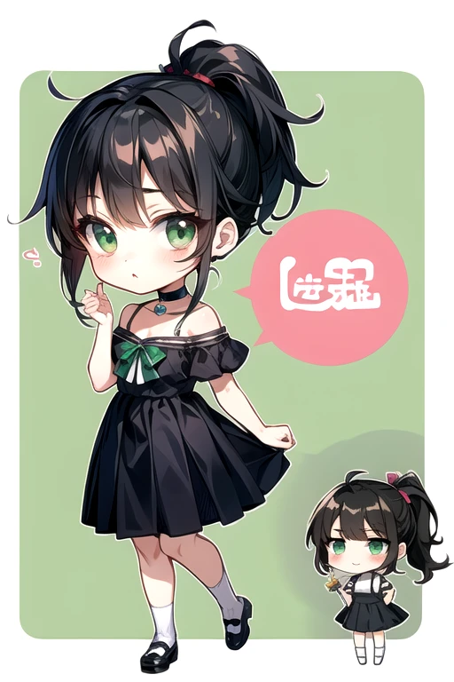 (Highest quality)、(Highest quality)、cute、(choker).eyes are emerald、(ponytail)、(Black Hair)、(high school girl).((Chibi Character)).