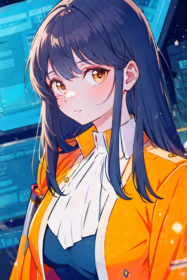 Long black hair white girl in military uniform, Orange cape, Big brown eyes, Science Fiction, dark mood, charturnerv2