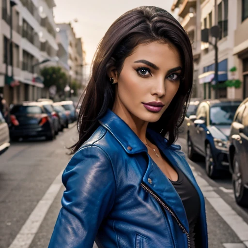 Best quality, realistic, from the front in first person,  on the streets of Los Angeles, (a female mexican Supermodel), (sexy blue leather jacket:1.1), split, seductive smile, (dark hair), (hairstyle:1.0), Perfect eyes, sharp parts, detailed face, face-makeup, cheeks turn red, Eyeliner, eyeshadow, lip gloss, leather pants, boots,  Supermodel, (Deep Focus), (hard lighting), (Night time), (realistic lighting:1.0)