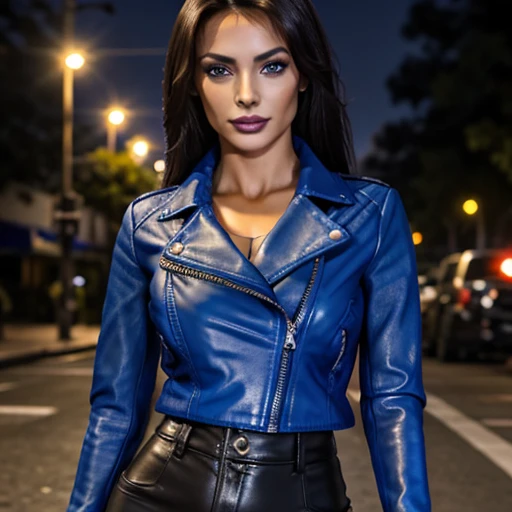 Best quality, realistic, from the front in first person,  on the streets of Los Angeles, (a female mexican Supermodel), (sexy blue leather jacket:1.1), split, seductive smile, (dark hair), (hairstyle:1.0), Perfect eyes, sharp parts, detailed face, face-makeup, cheeks turn red, Eyeliner, eyeshadow, lip gloss, leather pants, boots,  Supermodel, (Deep Focus), (hard lighting), (Night time), (realistic lighting:1.0)