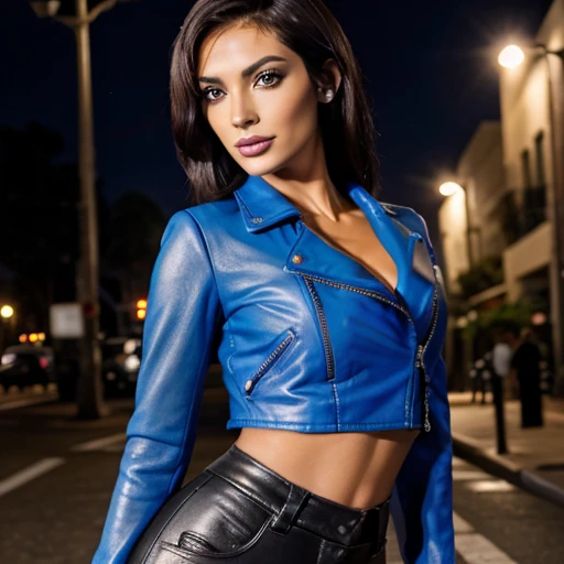 Best quality, realistic, from the front in first person,  on the streets of Los Angeles, (a female mexican Supermodel), (sexy blue leather jacket:1.1), split, seductive smile, (dark hair), (hairstyle:1.0), Perfect eyes, sharp parts, detailed face, face-makeup, cheeks turn red, Eyeliner, eyeshadow, lip gloss, leather pants, boots,  Supermodel, (Deep Focus), (hard lighting), (Night time), (realistic lighting:1.0)