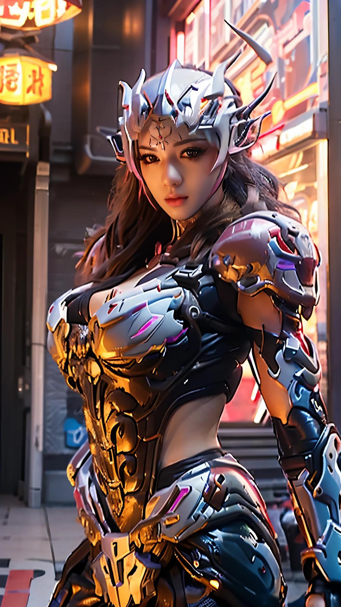 MASTERPIECE, BEST QUALITY, 1GIRL, CLOSE UP UPPER BODY, COWBOY SHOT PORTRAIT, ((DRAGON QUEEN HELM, LONG HAIR:1.5)), (SHINY CLEAVAGE GIGANTIC ROUND BREASTS, 11 LINE ABS:1.5), ((WEARING OUTFIT MECHA CRIMSON DARK EVIL ARMOR OVERWATCH:1.5)), (OILED MUSCULAR THICC BODY:1.5), (CLEAN GLOSSY BODYSKIN:1.5), (LOOKING AT VIEWER:1.6), (BACKGROUND FUTURISTIC SPACE STATION:1), (Photorealsitic:1.5), (Ultra-detail), (TOP-QUALITY), (BEST SHADOWS), BRIGHT LIGHT IN ROOM, HYPER TEXTURE, (4X MSAA), ((UNREAL ENGINE 5 RENDER)), (NEON), PHYSICALLY-BASED RENDERING, ULTRA HIGHT DEFINITION, 16K, 1080P.