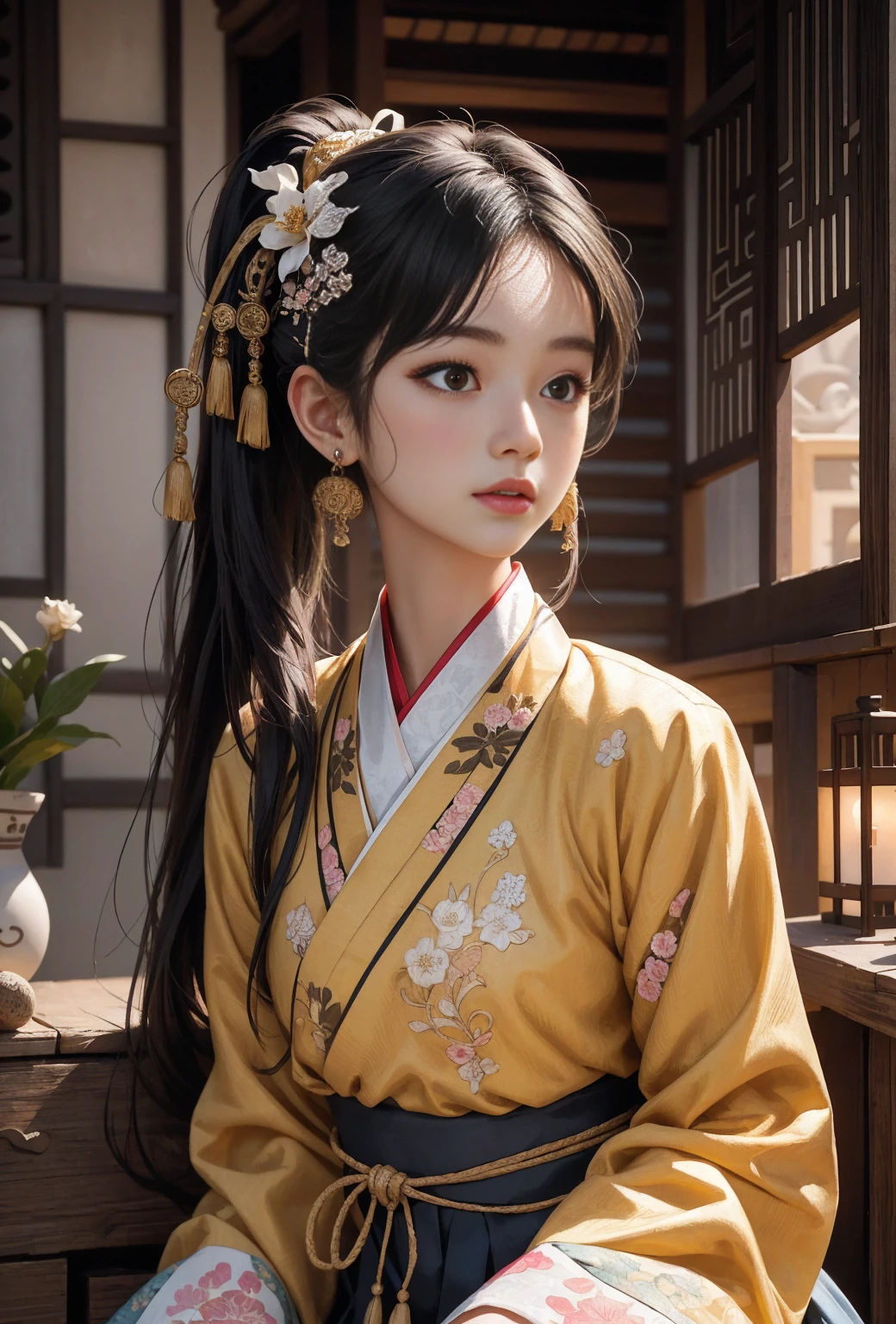 (masterpiece), (Detailed illustrations), best quality, illustration, (intricate details), (Korean style, As realistic as a photo: 1.37), illustration, Very delicate and beautiful, very detailed, 8K wallpapers, amazing, delicate details, high resolution, very detailed eyes and face, Full body front view, (Looking for viewers:1.4), Korean style 한옥, Traditional Korean House, Korean woman, girl wearing hanbok, (20 years old), pale skin, A gold hairpin on a side ponytail with black hair, headdress, earring, Flower pattern, Summer hanbok made of thin material, Wide fluffy hanbok skirt shape, beautiful, The rich, colorful colors and classic, highly detailed expressions of traditional Korean costumes,