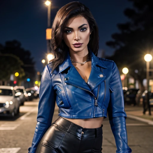 Best quality, realistic, from the front in first person,  on the streets of Los Angeles, (a female mexican Supermodel), (sexy blue leather jacket:1.1), split, seductive smile, (dark hair), (hairstyle:1.0), Perfect eyes, sharp parts, detailed face, face-makeup, cheeks turn red, Eyeliner, eyeshadow, lip gloss, leather pants, boots,  Supermodel, (Deep Focus), (hard lighting), (Night time), (realistic lighting:1.0)