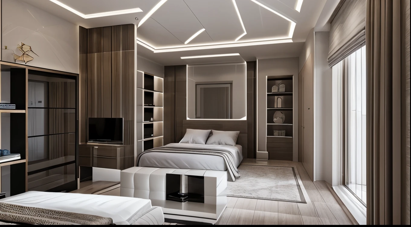 Bedroom design, Modern interior, flat walls, Glossy wood flooring, Daylight, Cinematic lighting, Dynamic lighting, Real photos taken with a professional camera, rendered by Unreal Engineer 5, high quality, 8K resolution, full HD, extremely detailed, arch daily.com, Award-winning design.