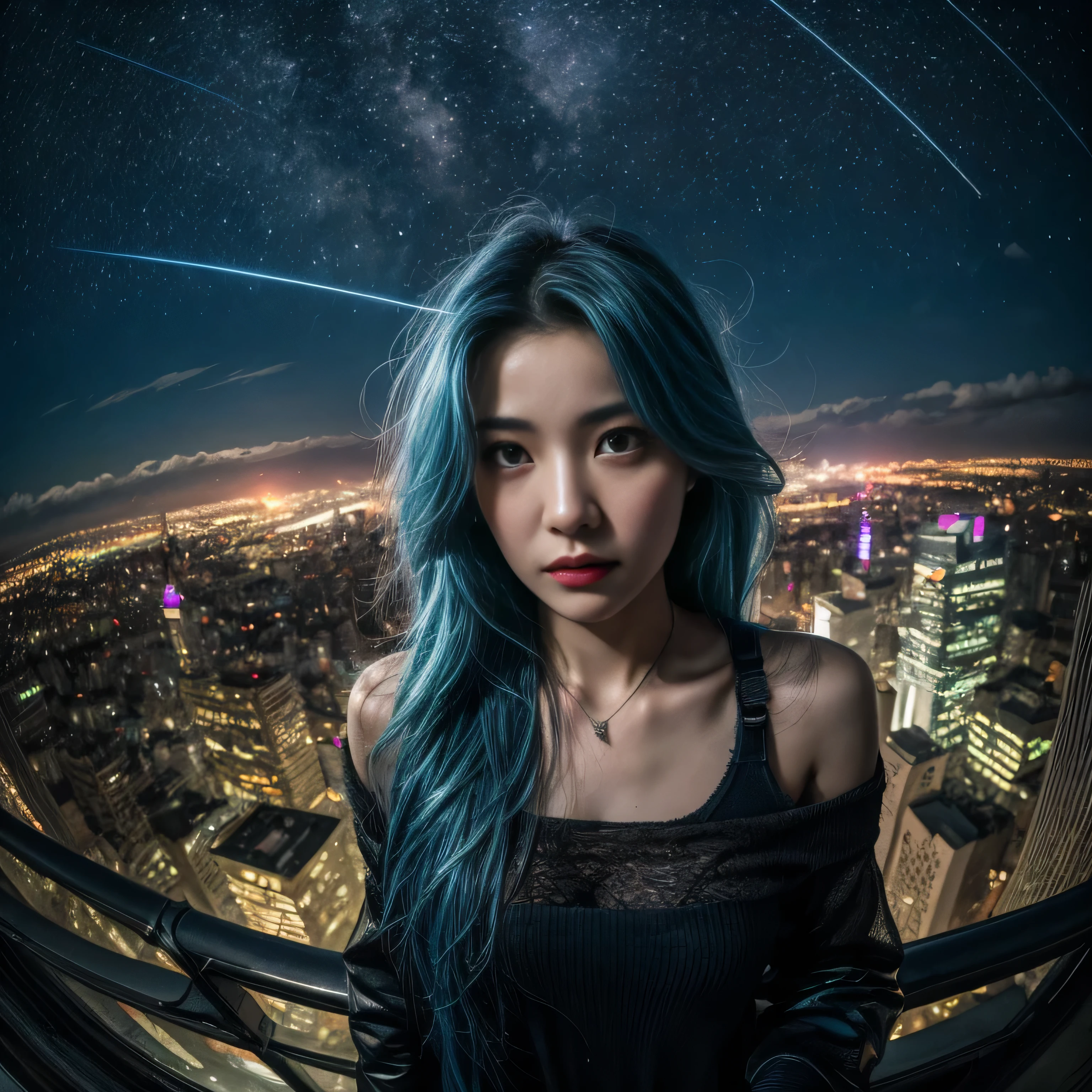 (masterpiece), best quality, ultra high res,, cyberpunk 1girl flying above stunning cityscape ,hoodie,blue hair, neon color shooting stars, very long hair, off shoulder, feather hair ornament, neon colors, flashes, stunning night sky, cinematic lighting, photorealistic, realistic skin, HDR,fisheye
