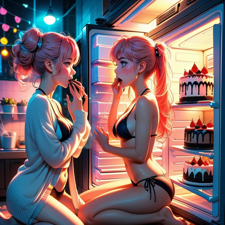 (masterpiece, best quality), 1girl,   Coral pink Classic Pompadour with Hard Part, Size A breasts,    refrigerator, hands on mouth, from side, colorfully neon lights, cake,  drink, chiffon cardigan, seiza, bare feet,black Bikini