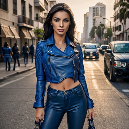 Best quality, realistic, from the front in first person,  on the streets of Los Angeles, (a female mexican Supermodel), (sexy blue leather jacket:1.1), split, seductive smile, (dark hair), (hairstyle:1.0), Perfect eyes, sharp parts, detailed face, face-makeup, cheeks turn red, Eyeliner, eyeshadow, lip gloss, leather pants, boots,  Supermodel, (Deep Focus), (hard lighting), (Night time), (realistic lighting:1.0)