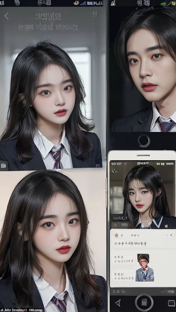  (high quality), (NSFW:1.2), (school _uniform :1.2), (split screen:1.3), (A delinquent:1.3),(girl's pantyhose:1.1), (glamorous and mature high school girl and a Korean adult man enjoying a smartphone chat app :1.4), (Her smartphone display shows a number of Korean adult men chatting to a high school girl.:1.4), (Their chat language is English:1.6), (Men are waiting for her response:1.5), popup window, (And the man is requesting a chat with her on the smartphone screen:1.5). (Chat takes place alternately between women and boys:1.4), (each other places),