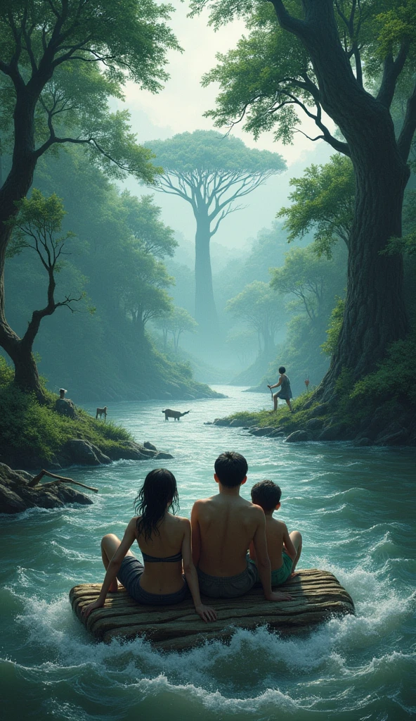naked nymphs sucking penis in a creek in a forest, lightrays, birds, flowers, fantasy