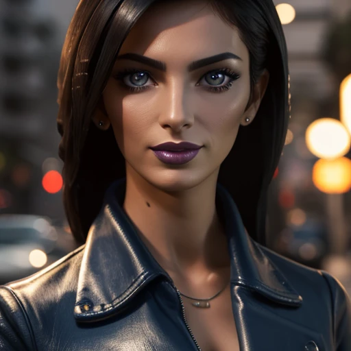 Best quality, realistic, from the front in first person,  on the streets of Los Angeles, (a female mexican Supermodel), (sexy blue leather jacket:1.1), split, seductive smile, (dark hair), (hairstyle:1.0), Perfect eyes, sharp parts, detailed face, face-makeup, cheeks turn red, Eyeliner, eyeshadow, lip gloss, leather pants, boots,  Supermodel, (Deep Focus), (hard lighting), (Night time), (realistic lighting:1.0)