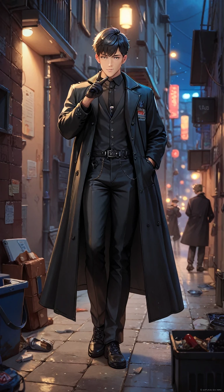 (uhd, masterpiece, anatomically correct, best quality, highres, score_9, score_8, score_7_superior, score_6_superior), male, Black Gloves, Trying to put it on my right hand, Black trench coat, Black long pants, The right bangs are hiding her eyes, Alley, night, it&#39;s raining, Garbage and cardboard boxes are scattered around, Bloodstains on the ground