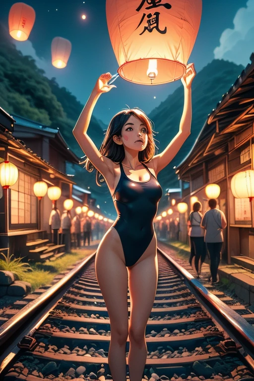 (masterpiece, best quality), 1girl,  colorfully sky lantern with chinese word, hands close to fire, railway, raise head, arms up, tourists, night, river, bridge, mount, greenery, low house,black high leg swimsuit