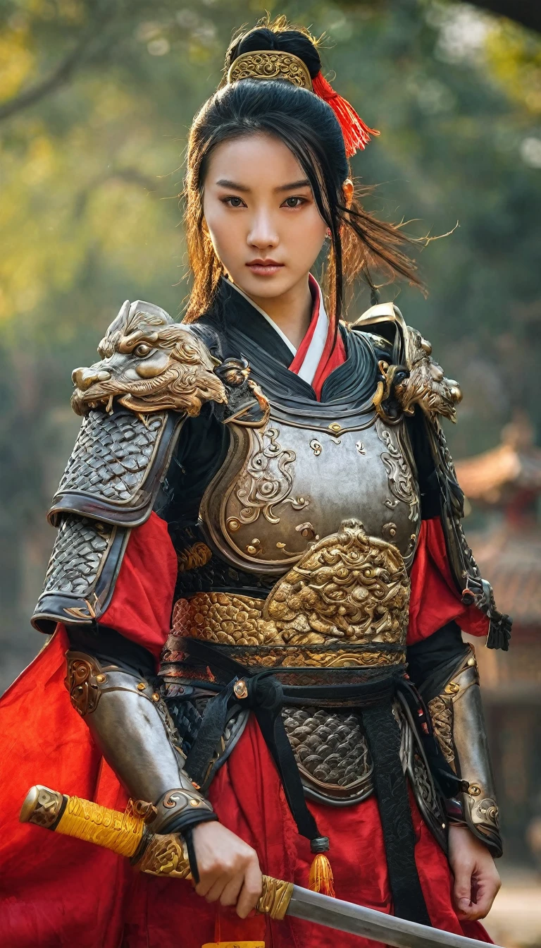 Hold the  ancient Chinese Sword with both hands,  Ready  for battle , Front view, Full-body,  on ground , ancient Chinese girl, 2 century, looking at viewer, beautiful Chinese  Young General,  girl is 2, (Highly detailed face, Black hair, middle hair ,Brown eye, Variegated eyes, Ordinary eyes,  Tapered eyebrows,  Fuller lips, little Lips, sylas), (ears decoration earring), (middle breasts, middle hip), (ancient Chinese costume, Red decoration leather armor emboss armor of dragon ,  leather inner clothes,  put shoulder Red Cloak ),(ancient Chinese shoes),   (a ancient Chinese sword ,  beautiful sword, metallic bright sword), standing in Chinese Palace, near Garden, sunset ,(masterpiece, Highest quality, masterpiece, God-like quality, Godly art, , Very realistic)