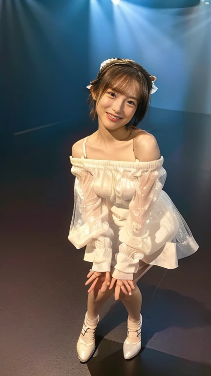 (8k、RAW Photos、Highest quality、masterpiece:1.2)、((Anatomically correct))、((Accurate human body depiction))、(Realistic、Realistic)、1 girl、((White see-through off-shoulder mini dress、on stage、Attention、View from the front、smile、Looking into the camera 、smile、Full body photo:1.5))、cute、Large Breasts、Sing with a microphone、dance、((The skirt flutters in the wind))、((Standing and bending over with hands on knees))、(Angle from below)、High resolution, (Cleavage Emphasis), Nikon, Headband, Hair blowing in the wind, Hime cut, Shake your head、Squat with your legs apart