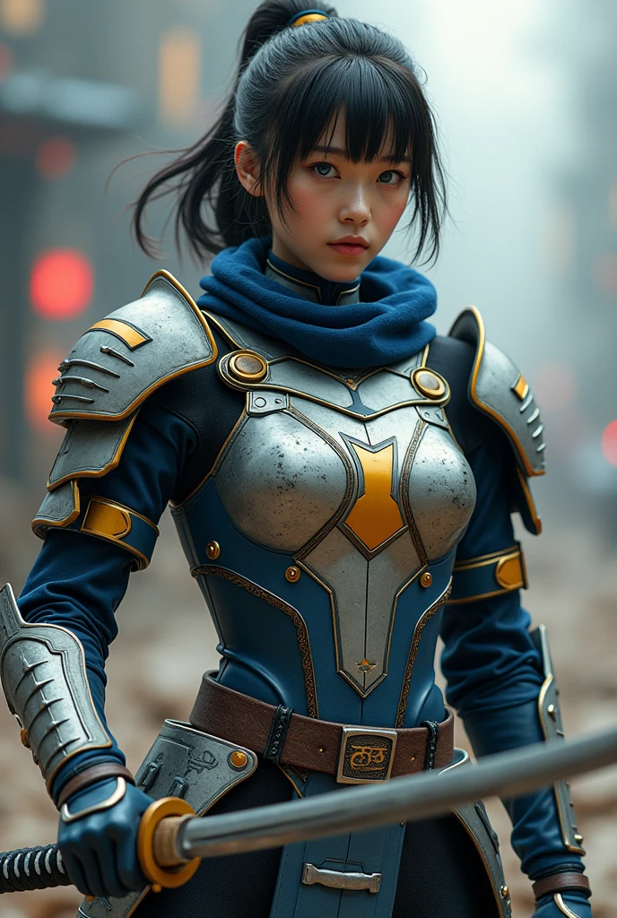 Superhero, modern super hero costume, Color scheme: Intricate detailed plate armor Stealth Tactical Contrast Strategic Accent Costume Details: Inserts Stripes Elegant Unique Accessories: Straps Holders Buckles Fasteners Armor and Functionality: Pads Elbows Knees Decorative Protective Armor Plates Accents, with a Japanese katana, beautiful Japanese woman smile with blue eyes, Japanese woman with bangs, courageous character, Kind, Brave, determination, on the battlefield, atmospheric perspective, Motion blur, 8k, super detailing, Best quality, uhd, high detail, photorealistic