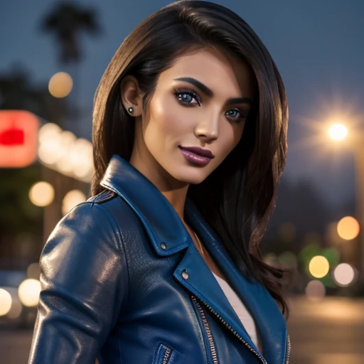 Best quality, realistic, from the front in first person,  on the streets of Los Angeles, (a female mexican Supermodel), (sexy blue leather jacket:1.1), split, seductive smile, (dark hair), (hairstyle:1.0), Perfect eyes, sharp parts, detailed face, face-makeup, cheeks turn red, Eyeliner, eyeshadow, lip gloss, leather pants, boots,  Supermodel, (Deep Focus), (hard lighting), (Night time), (realistic lighting:1.0)