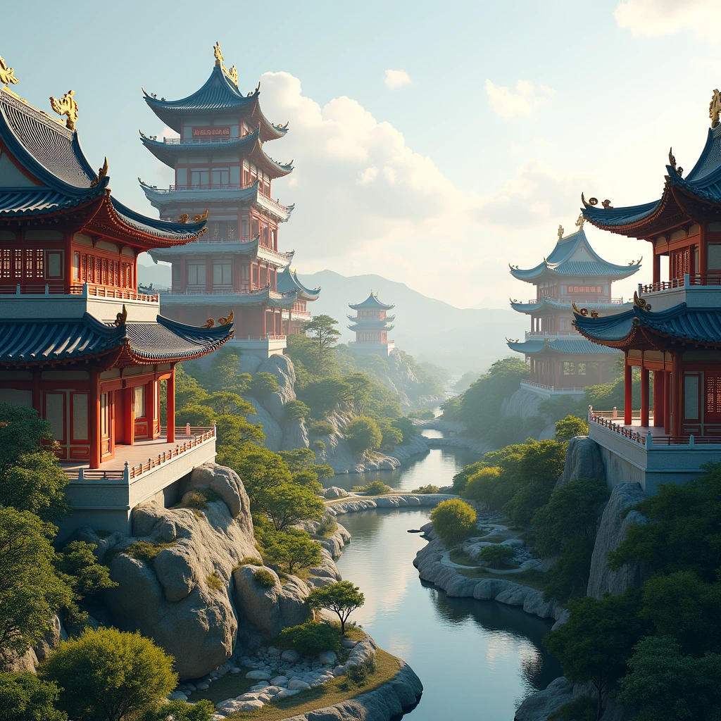 8000 years old hedonistic style Asian dwellings, cliff cypress trees, mountain peaks, lying in a white cloud wonderland, liquid clouds, emitting spore clouds, surreal water art, glowing flower-shaped clouds, slimy reflections, photos taken with Sony A7R camera, clear focus on the landscape,