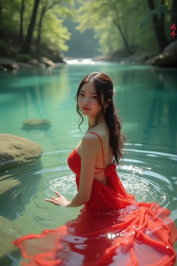 Beautiful Girl, Korean makeup, Red lips, big breasts, medium body, wrap a towel, body towel wrap, thigh, sit, lakes, ngồi trên hòn đá giữa hồ, (((cảnh quang hồ nước giữa rừng, waterfall,)))