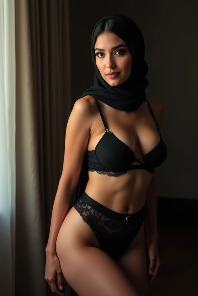 (HIJAB ), Skinny white & orange satin hijab girl naked (SHINY DARK SKIN), SADNESS ,a round buttock, (lace thong & G-String).