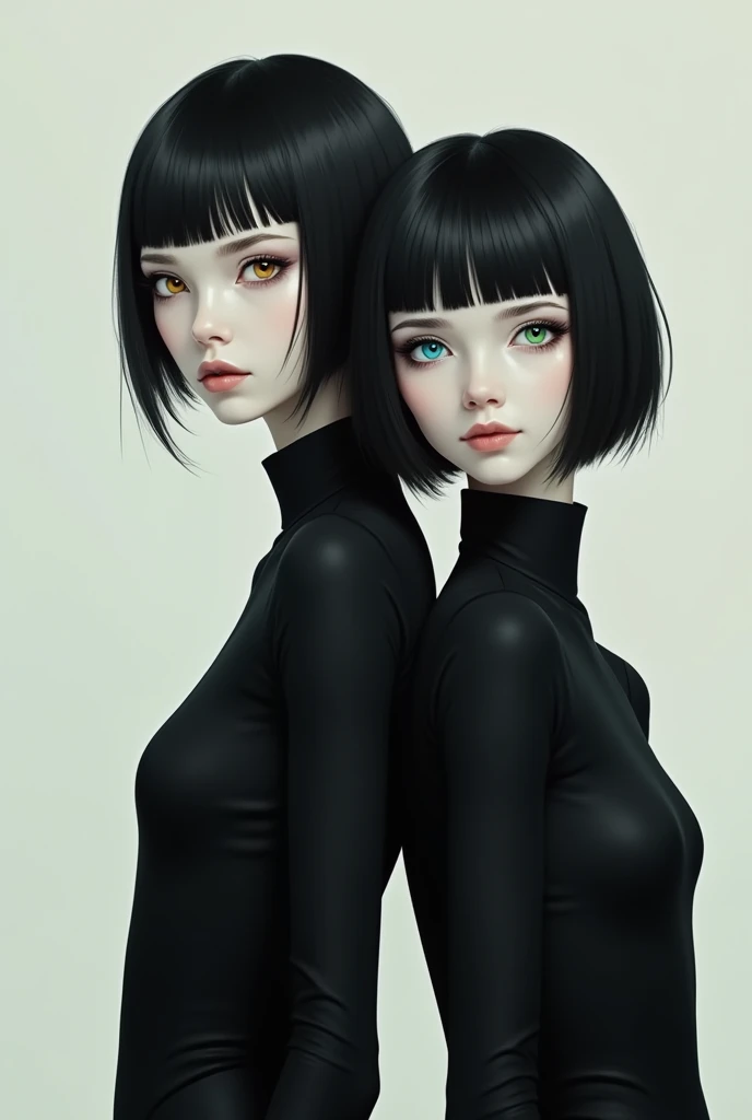 2 girl with pale white skin
Black punk hair style
With piercings in the left eyebrow, piercings in the left ear
Wearing short-sleeved gothic clothing, c
With the left arm painted matte black