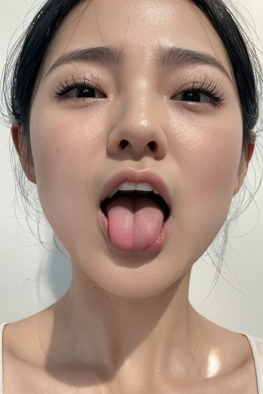 Japanese women、20-year-old、Medium Hair、(Face close-up)、Smooth Skin、masterpiece、Highest quality、8K Photo、((close your eyes and open your mouth slightly))、close your eyes、Suffering face、(Wrinkles around the eyes:1.2)、length, Pointed nose,,,,,,,,,,,,,,,Strong Nose、length, Narrow nostrils、Skin shiny with sweat、Lighting that highlights shiny sweat{Realistic nostrils}, Black-haired、((In front of a white wall))、Tank top、(Super wet skin),((Ahegao,Sticking out a long tongue))(Close enough to kiss)、The tongue is moist、Photographed from the front、squint