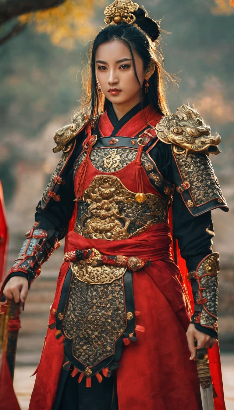 Hold the  ancient Chinese Sword with both hands,  Ready  for battle , standing in Chinese Palace, sunset, Front view, Full-body,   ancient Chinese girl, 2 century, looking at viewer, beautiful Chinese  Young General,  girl is 2, (Highly detailed face, Black hair, middle hair ,Brown eye, Variegated eyes, Ordinary eyes,  Tapered eyebrows,  Fuller lips, little Lips, sylas), (ears decoration earring), (middle breasts, middle hip), (ancient Chinese costume, Red decoration leather armor emboss armor of dragon ,  leather inner clothes,  put shoulder Red Cloak ),(ancient Chinese shoes),   (a ancient Chinese sword ,  beautiful sword, metallic bright sword),  ,(masterpiece, Highest quality, masterpiece, God-like quality, Godly art, , Very realistic)