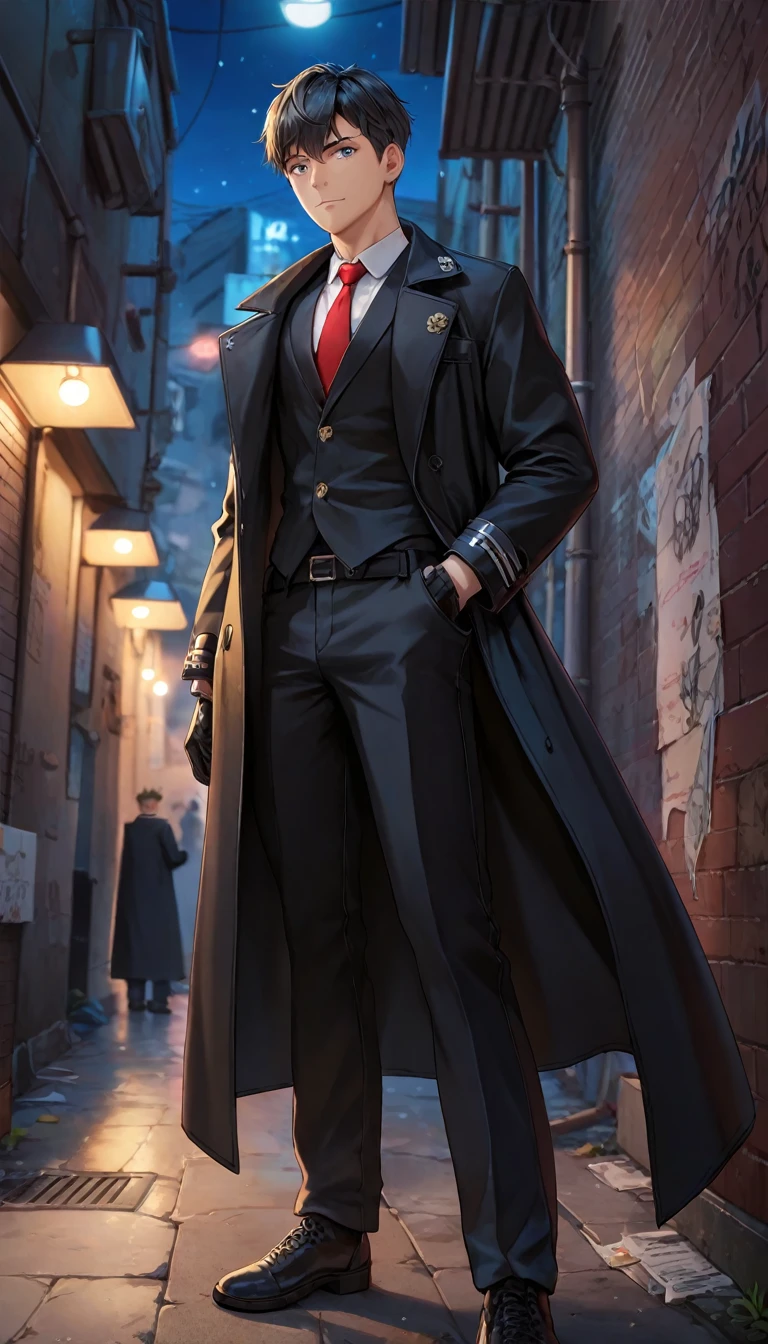 (uhd, masterpiece, anatomically correct, best quality, highres, score_9, score_8, score_7_superior, score_6_superior), superiorからの俯瞰図:1.3, male, Black Gloves, Trying to put it on my right hand, Black trench coat, Black long pants, (The right bangs are hiding her eyes, Emotionless facial expression), There are shadows on the face, (Dark Back Alley, night, it&#39;s raining), Garbage and cardboard boxes are scattered around, (Bloodstains on the ground:1.3, The victim is missing:1.2)