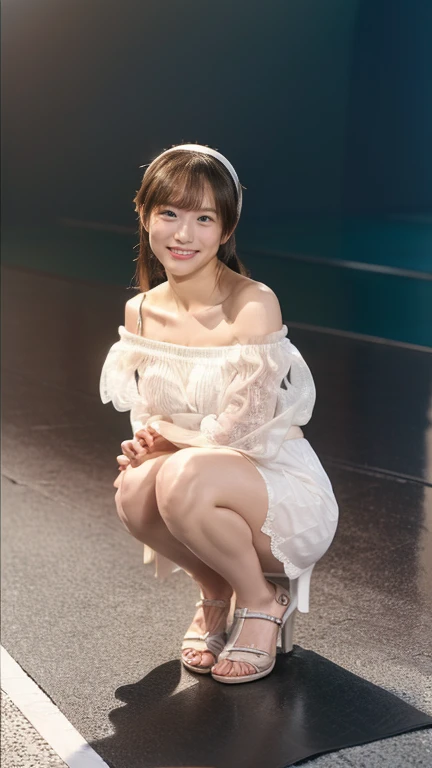 (8k、RAW Photos、Highest quality、masterpiece:1.2)、((Anatomically correct))、((Accurate human body depiction))、(Realistic、Realistic)、1 girl、((White see-through off-shoulder mini dress、on stage、Attention、View from the front、smile、Looking into the camera 、smile、Full body photo:1.5))、cute、Large Breasts、Sing with a microphone、dance、((The skirt flutters in the wind))、(Angle from below)、High resolution, (Cleavage Emphasis), Nikon, Headband, Hair blowing in the wind, Hime cut, Shake your head、Squat with your legs apart、Long Hair, Crystal-like hair, expressive hair, Side-swept chignon, 