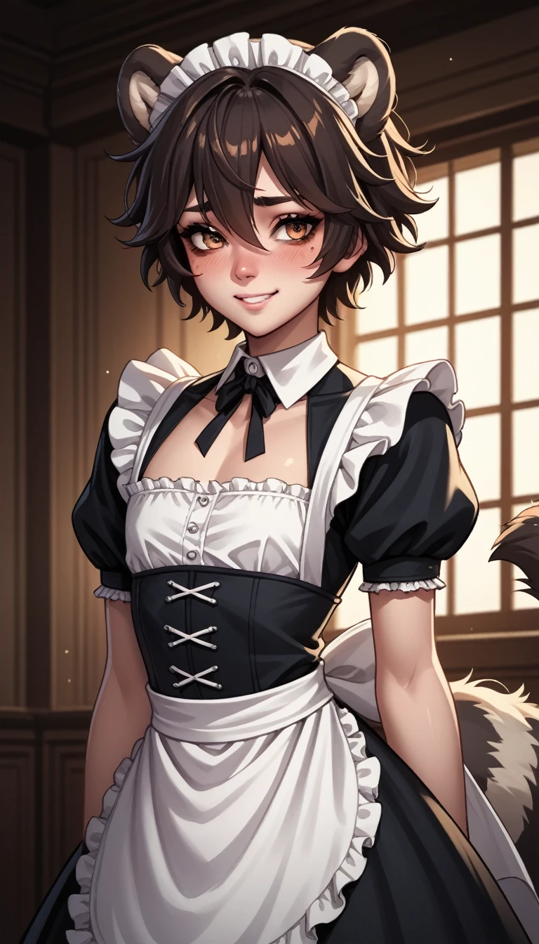 (zPDXL2), (PonyXLV6_Scores), source_anime,
Best quality, super detailed illustration, warm colors, Ideal lighting, Perfect detail, ( girl Fluffy panda:1.4) , feminine face and body, disheveled thick hair, Maid clothes, shy smile, tomboy, small waist, wide hips, slim, perfect body, style "DND"