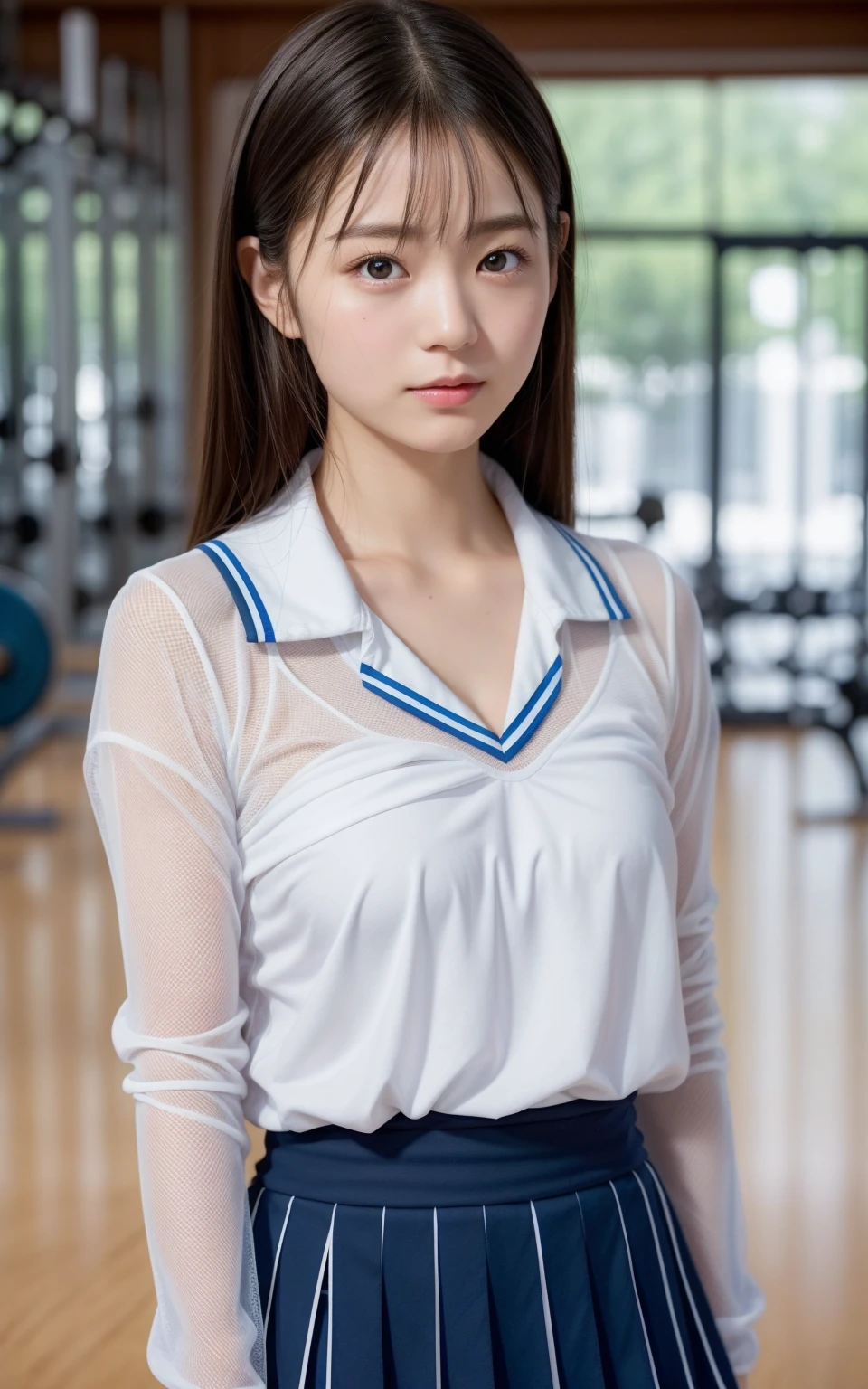 （8k、live-action、Raw photo、Highest quality、masterpiece：1.2),(Inside the gym,Front lighting:1.2),((Perfect lighting)),(濡れたhair), Embarrassed expression,1,student,White skin,knees,Small Face,前hairを真ん中から分けます、The forehead is visible,skinny,skinny)、masterpiece,Highest quality、超A high resolution,One person, solo,Close-up shot、cute、Back to Students,(Mesh rhythmic gymnastics uniform:1.3),High school student,Japanese women,（フォトReal：1.37）、Photon Mapping,Realistic、cuteSmall Face,Brown eyes、prospect、Depth of written boundary、Blurred Background、Real,(前hairが見える), hair,(Nogizaka Idol), actress、Big and ample breasts、Cleavage、I can see your shoulders,You can see the flanks,Super fine、7 heads、(Skin with visible pores:1.2)、(Focus on the face)、Natural neck、Check and correct the skeleton