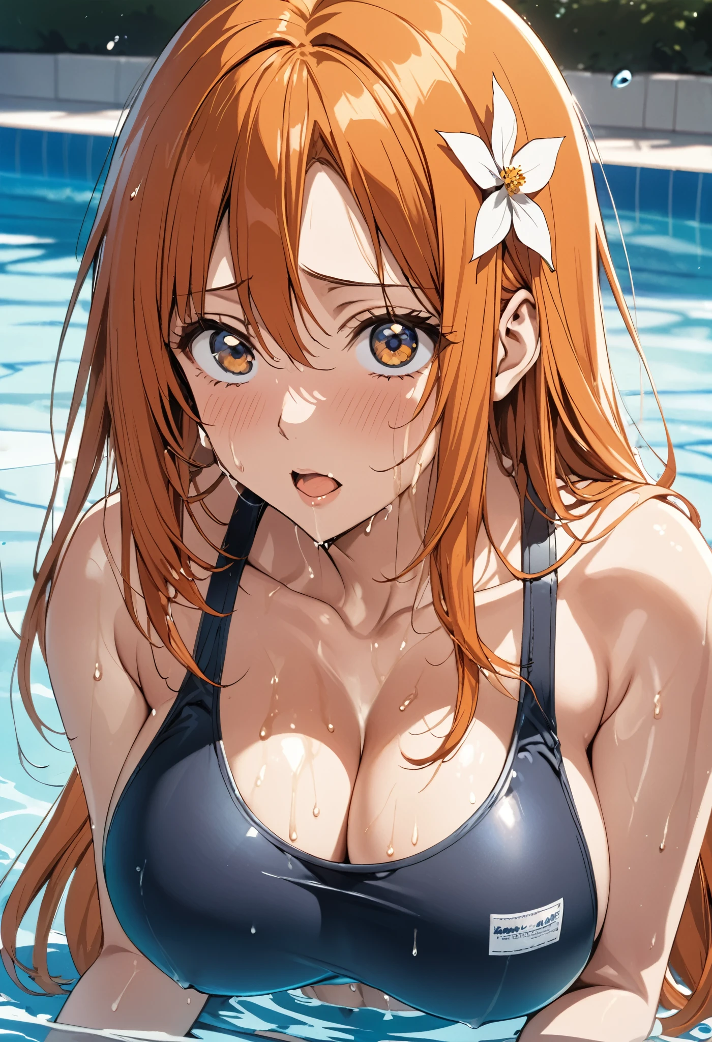 masterpiece, Highest quality, High resolution, (Orihime Inoue),(BLEACH),1990s \(style\),School Swimsuit、(G-cup busty)、tall、Sweating all over the body、vapor、Muscular、sexy、A face writhing in pleasure、The whole body is covered in sex fluids、Sweaty、Configuration from the front、Ahegao、Anime-style painting style,Orange Hair、Long Hair、Small flower-shaped hair ornament,Big eyes,Composition focusing on the upper body,The background is the pool