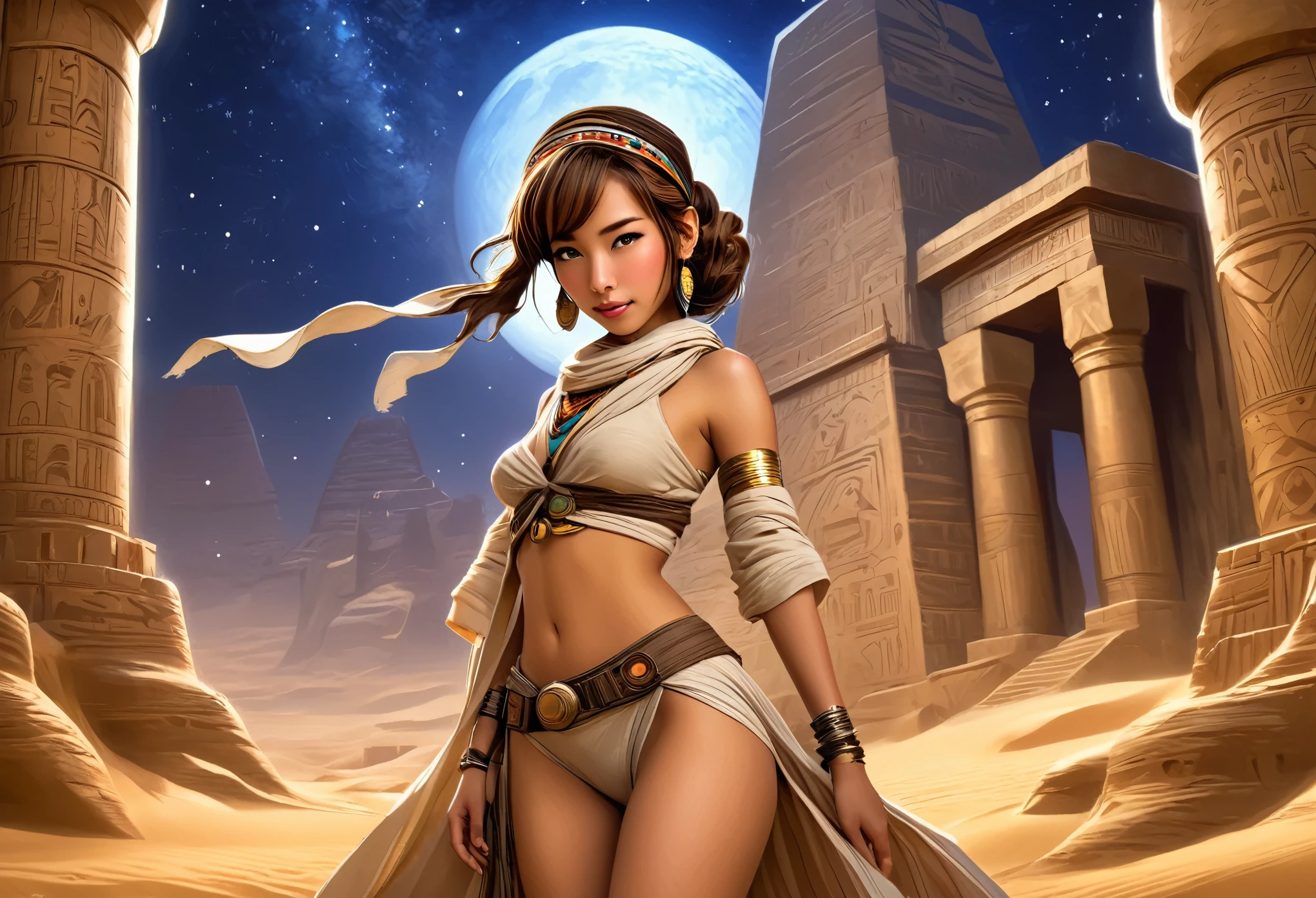 A cute Yuna portrays Indiana Jones in a sexy outfit as she explores a desert valley with ancient Egyptian architecture carved in the walls, bight stars in night sky
