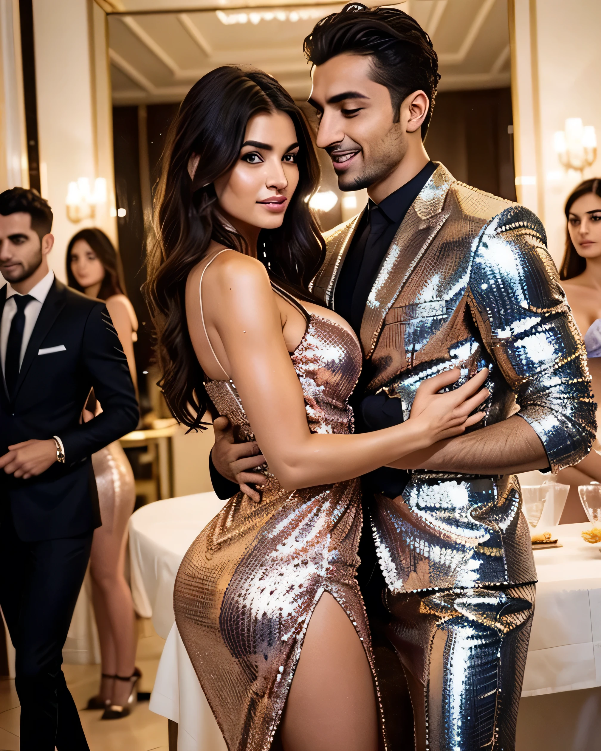 (a girl enjoying a passionate night with a very sexy man, she is very excited about the bachelorette party, Argentine woman, very handsome man, beautiful woman, (she is looking at the camera) , defined faces, beautiful faces , illustrations, best quality, ultra-detailed, realistic lighting, vivid colors, party decorations, festive atmosphere, glamorous attire, champagne, dancing, laughter, joy, love)