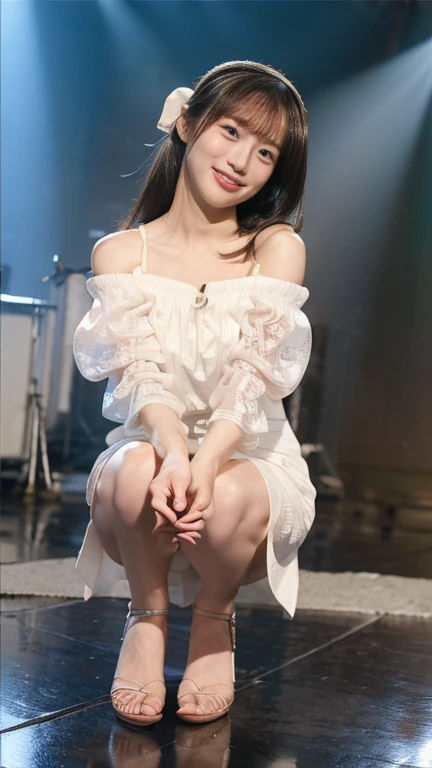 (8k、RAW Photos、Highest quality、masterpiece:1.2)、((Anatomically correct))、((Accurate human body depiction))、(Realistic、Realistic)、1 girl、((White see-through off-shoulder mini dress、on stage、Attention、View from the front、smile、Looking into the camera 、smile、Full body photo:1.5))、cute、Large Breasts、Sing with a microphone、dance、((The skirt flutters in the wind))、(Angle from below)、High resolution, (Cleavage Emphasis), Nikon, Headband, Hair blowing in the wind, Hime cut, Shake your head、Squat with your legs apart、Long Hair, Crystal-like hair, expressive hair, Side-swept chignon, (Panty shot)