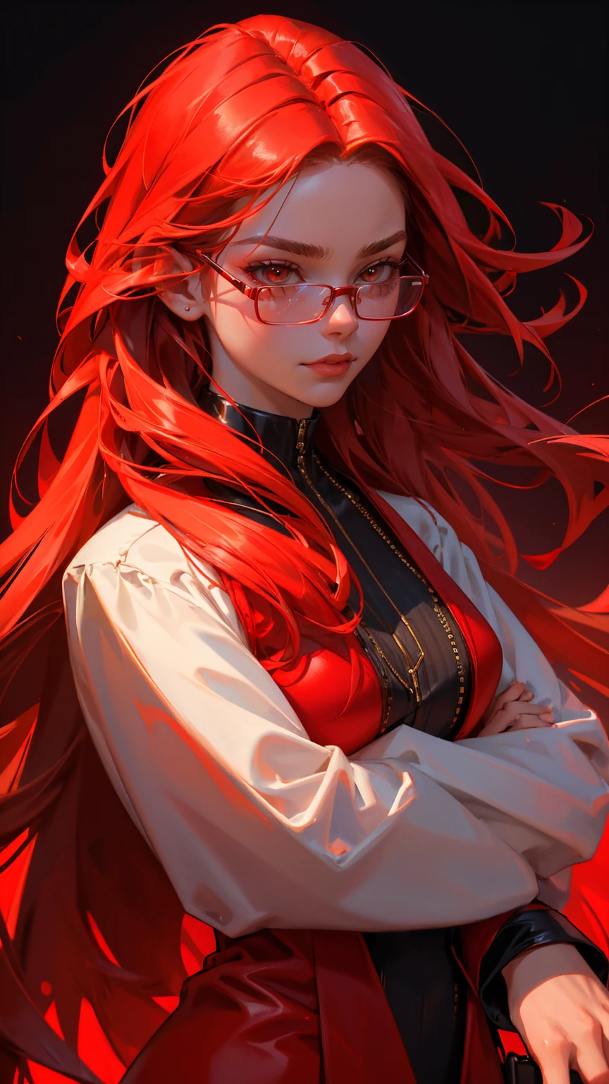 red hairs、hime-cut、Golden Eyes、eye glasses、ssmile、Ten-year-old girl、I can see very small breasts、Thin pubic hair、Open the black robe、bending forward、low angles