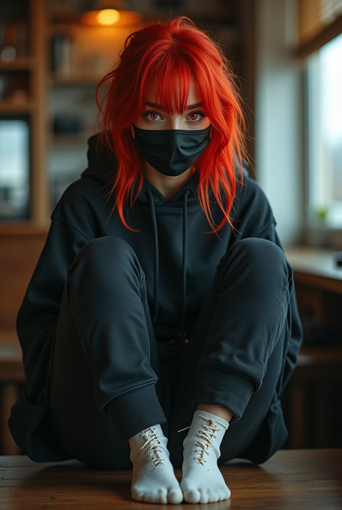 A 1 girl is sitting in a windowless room with a bleak, barren environment. Her face shows signs of exhaustion. She has bright orange hair that contrasts strongly with the dull surroundings. She is wearing an orange dress, and her fingernails and toenails are also orange. Numerous rusted metal handcuffs tightly bind her arms and legs, severely restricting her movement. The handcuffs are connected by short chains, leaving her nearly immobile. She has more handcuffs on her arms and legs than initially visible, making her appear completely restrained. Her mouth is sealed shut with orange tape, adding to her restrained and trapped appearance.