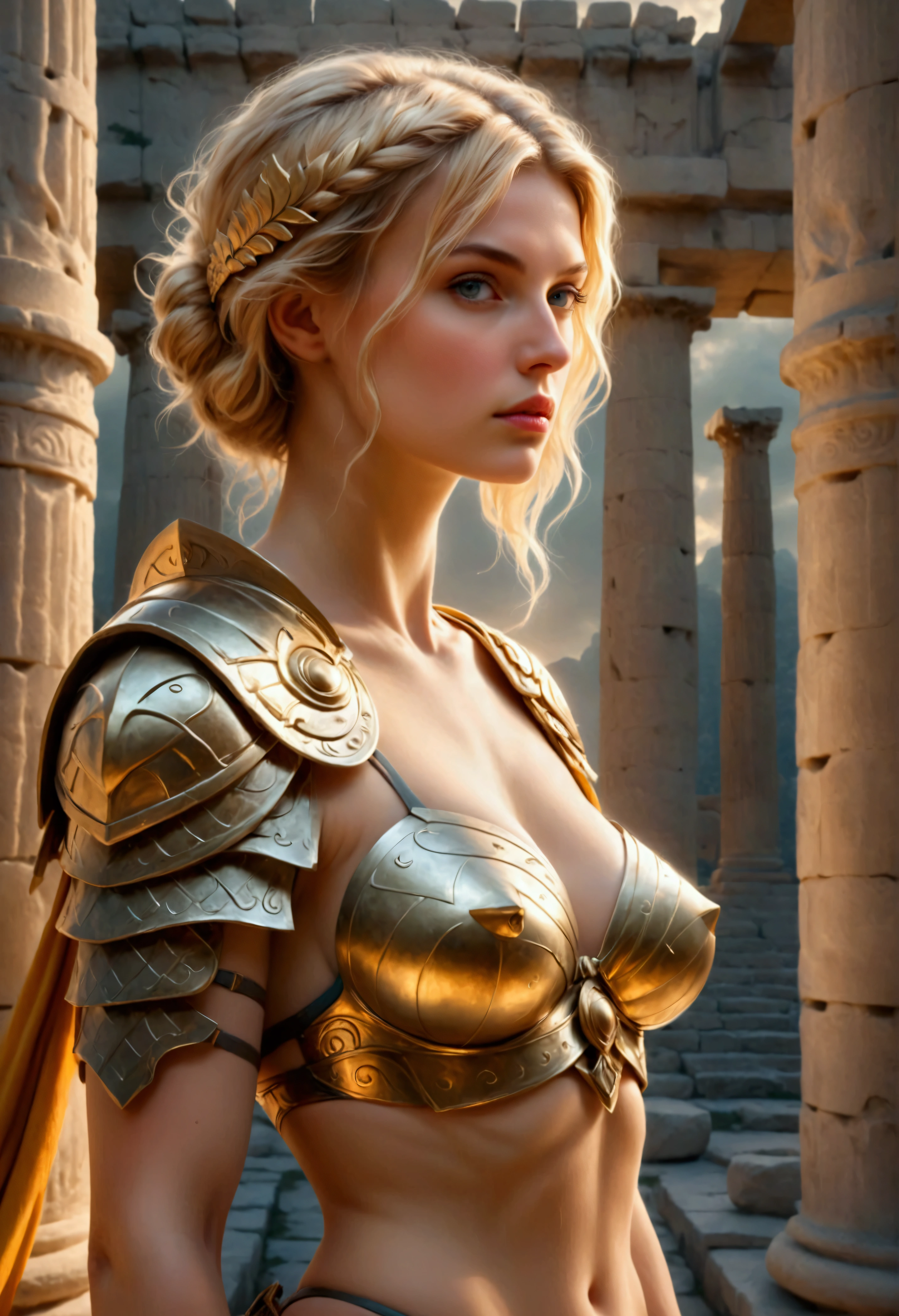 A majestic fantasy scene: An Ancient Greek Architecture at ancient time during golden hour. A pretty blonde amazon female with amazon style bikini armor standing near it. Dark Fantasy, Overcast, Mystical, Ambient Occlusion, Desaturated, Achromatic, (best quality, masterpiece, photorealistic), very aesthetic, perfect composition, intricate details, ultra-detailed, vivid colors