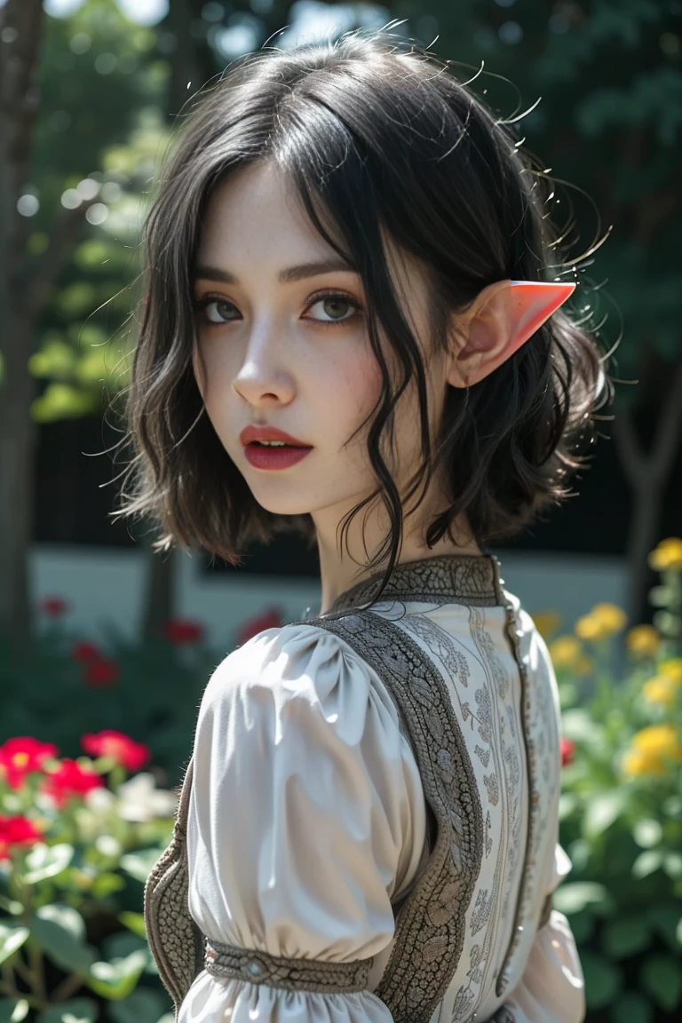 (masterpiece, best quality), super detailed, portrait, 1girl, beautiful girl, elf, (upper body), gray eyes, white dress, short hair, ((silver hair)), standing, flower garden in Background, soft lighting