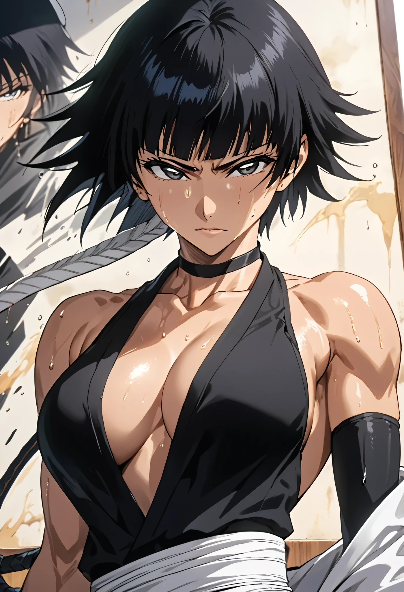 masterpiece, Highest quality, High resolution, (Soi Fon),(BLEACH),1990s \(style\),C cup beautiful breasts、height: 160cm,Sweating all over the body、muscular,,solo,Anime-style painting style, Black Hair,Short Hair,Composition focusing on the upper body,(Cool face)、(Pointed Eyes)