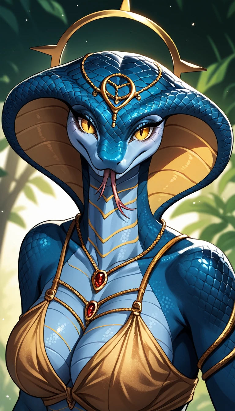 (zPDXL2), (PonyXLV6_Scores), source_anime, source_anthro
large eyes, anthro, snake hood, ((solo)), beautiful scene of an (furry, cobra snake), posing, forked tongue, blue skin, dark blue scales, naga ((detailed face, detailed big clear eyes)), natural soft lighting, 8k, seductive, summer , peaceful , hires, Golden jewerly, full body picture, yellow eyes , golden halo