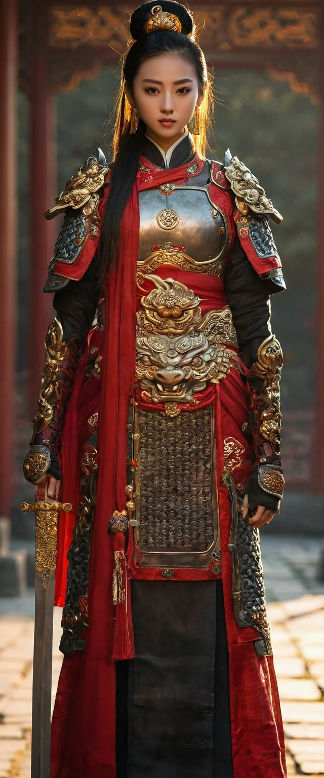 ((Hold the  ancient Chinese Sword with both hands,  Ready  for battle:1.3)) , standing in Chinese Palace, sunset, Front view, Full-body,   ancient Chinese girl, 2 century, looking at viewer, beautiful Chinese  Young General,  girl is 2, (Highly detailed face, Black hair, middle hair ,Brown eye, Variegated eyes, Ordinary eyes,  Tapered eyebrows,  Fuller lips, little Lips, sylas), (ears decoration earring), (middle breasts, middle hip), (ancient Chinese costume, Red decoration leather armor emboss armor of dragon ,  leather inner clothes,  put shoulder Red Cloak ),(ancient Chinese shoes),   (a ancient Chinese sword ,  beautiful sword, metallic bright sword),  ,(masterpiece, Highest quality, masterpiece, God-like quality, Godly art, , Very realistic)