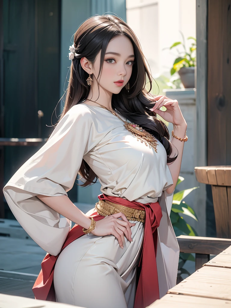 ((realistic)), a young girl, beautiful age girl, White floral dress, high-waist, Nice belt, cropped shoulders, slim, Slimming the waist, high-heels, Shy, grin, 耳Nipple Ring、choker necklace、Hairpins,Heavy makeup,Gorgeous eye makeup,extremely beautiful eyes, golden hair, curlies, Long flowing hair, simple backgound, In the gazebo, standing on your feet, leaning against pillars, Cross ed leg, Flirting skirts, posed for photo, posing elegantly, Random shooting angle, warm lights, a warm color palette, Professional lighting, フォトンマッピング, ラジオシティ, Physically-based rendering, RAW photos, Best quality, beauitful face, Beautiful skins, Attractive, 超高分辨率, ultra real photo