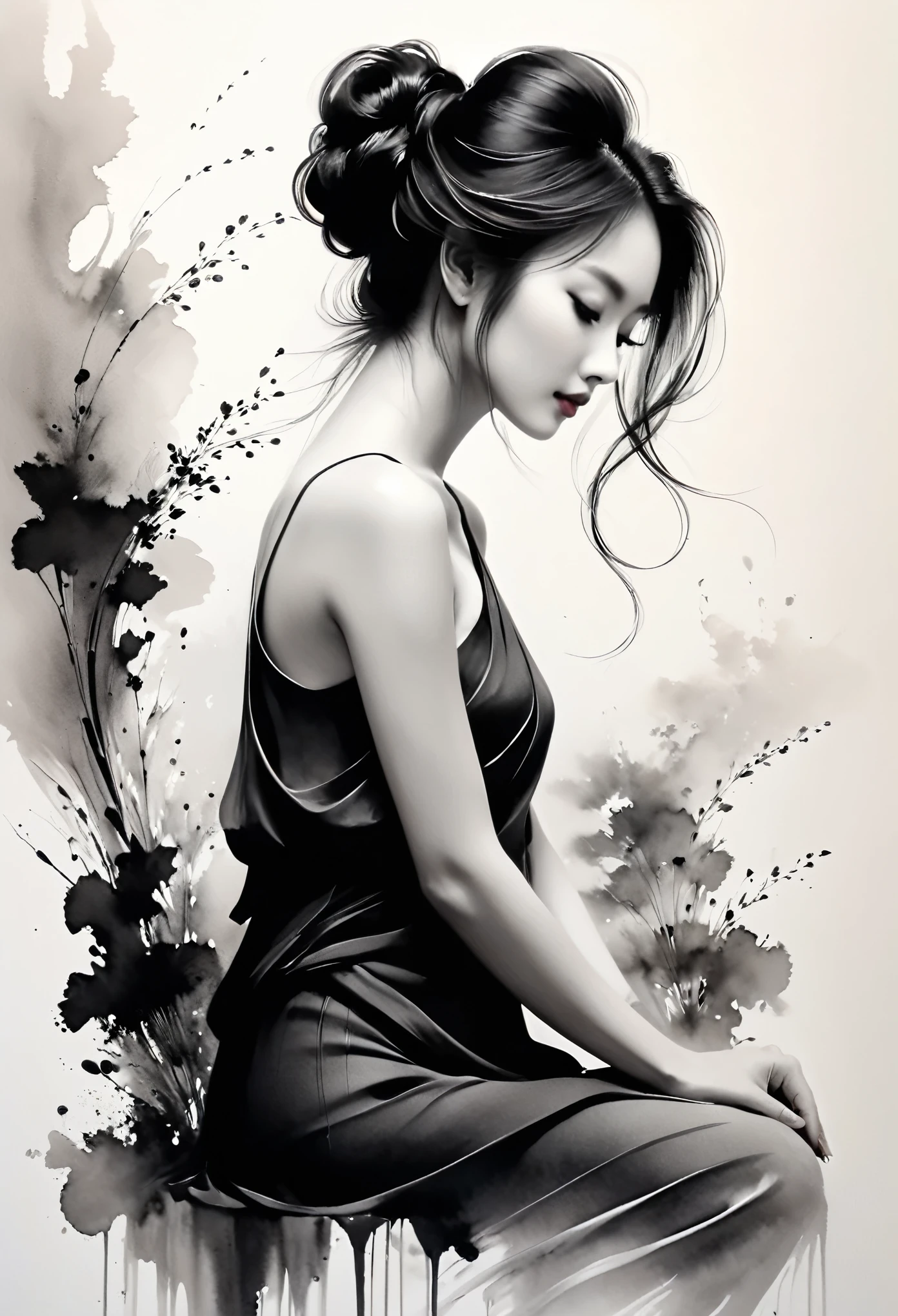 Kizi，ink painting，soft brushstrokes，Draw delicate lines with a pen，Fluid action，Subtle ink tones，elegant posture，calm look，delicate features，black andwhite，to clean