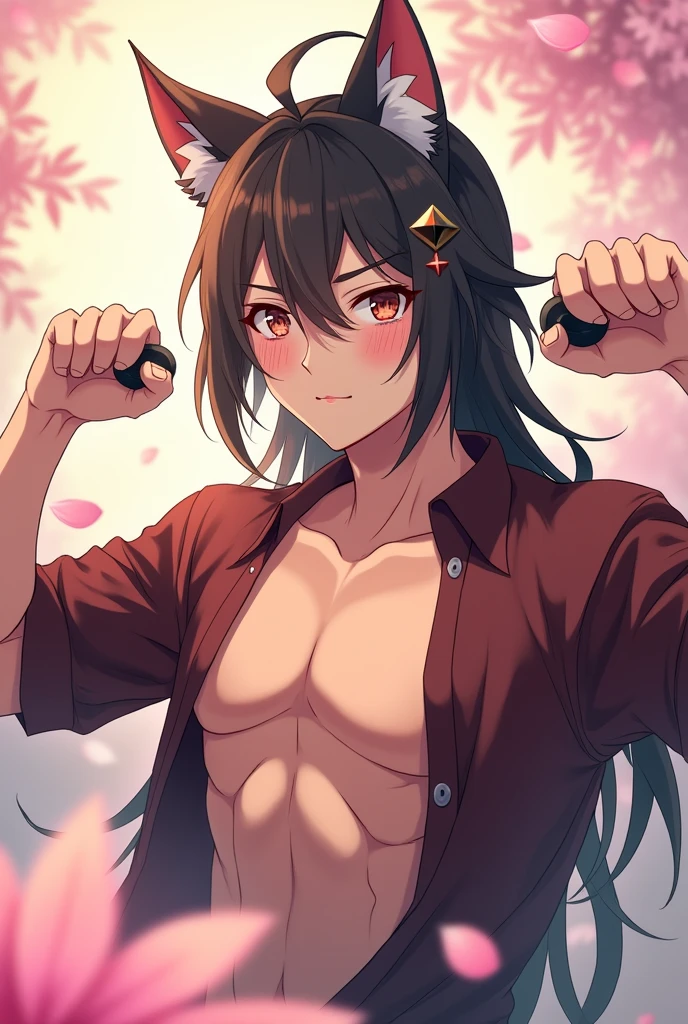 The Asian man, He is showing his naked torso.., black hair, black eyes, broad, thin man, White background, broad, Focus on his face, is biting a condom. hot image, Has long hair, clear front, showing her naked body.