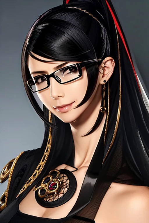 Bayo, Bayonetta, 1 girl, alone, Mole under mouth, Glasses, Black Hair, Mole, jewelry, Compensate, Earrings, smile, eye shadow, Portraiture, Long Hair, lips, lipstick, Grey Eyes,whole body 