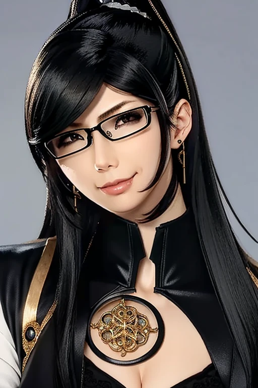 Bayo, Bayonetta, 1 girl, alone, Mole under mouth, Glasses, Black Hair, Mole, jewelry, Compensate, Earrings, smile, eye shadow, Portraiture, Long Hair, lips, lipstick, Grey Eyes,whole body 