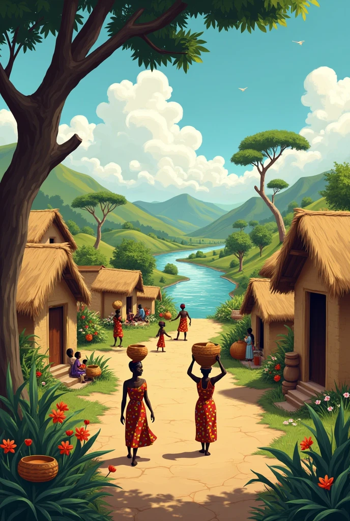 Picture a cartoon village in africa