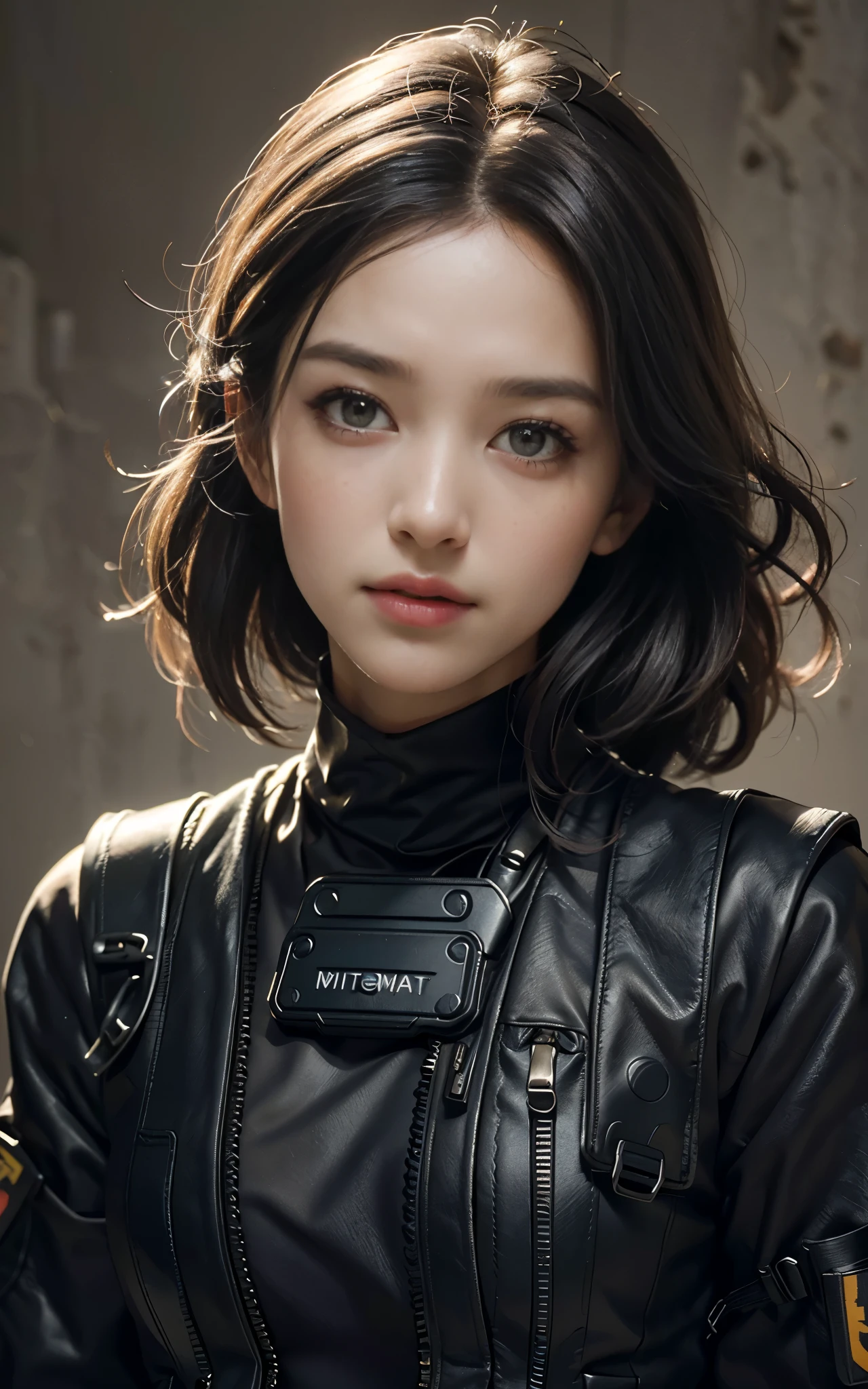 (Highest image quality, outstanding details, ultra-high resolution), (realism: 1.4), favor details, highly condensed 1 beautiful girl, with a delicate and beautiful face, ((cowboy shot)), (a bit chubby:0.4), (wearing black racing suit likes police uniform, black and grey mecha, wearing military harness, holding a machinegun), background simple grey concrete,